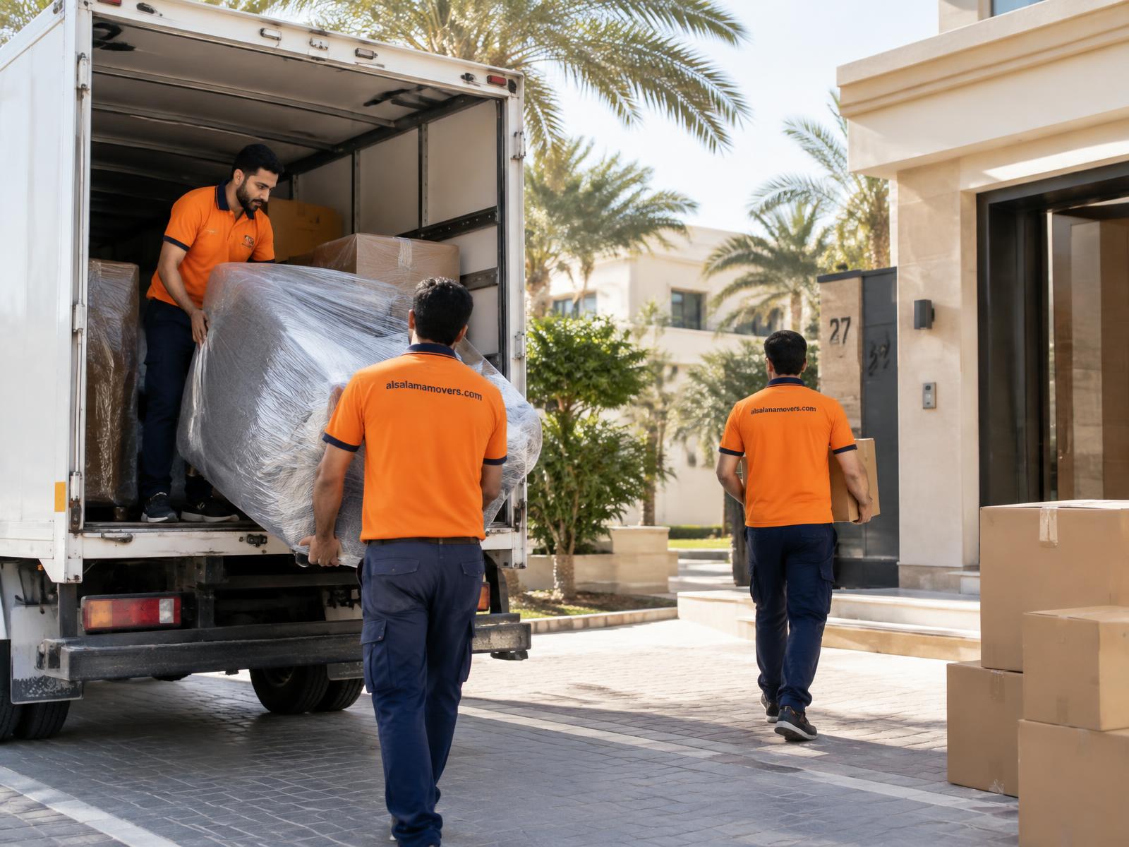 Al Salama Movers team loading furniture at an Abu Dhabi villa